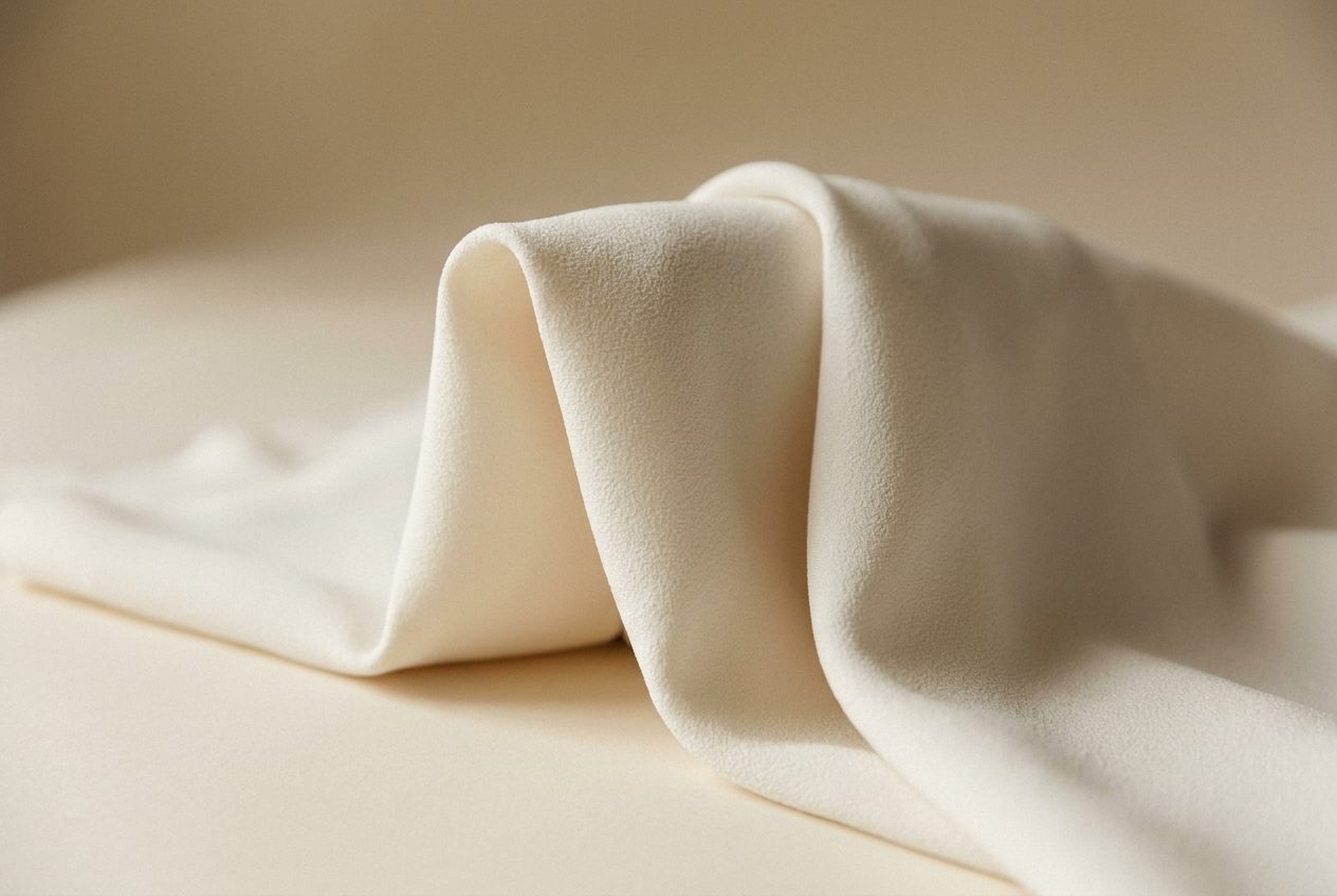 Close-up of ivory bridal crepe, showing its matte finish and fine pebbled texture