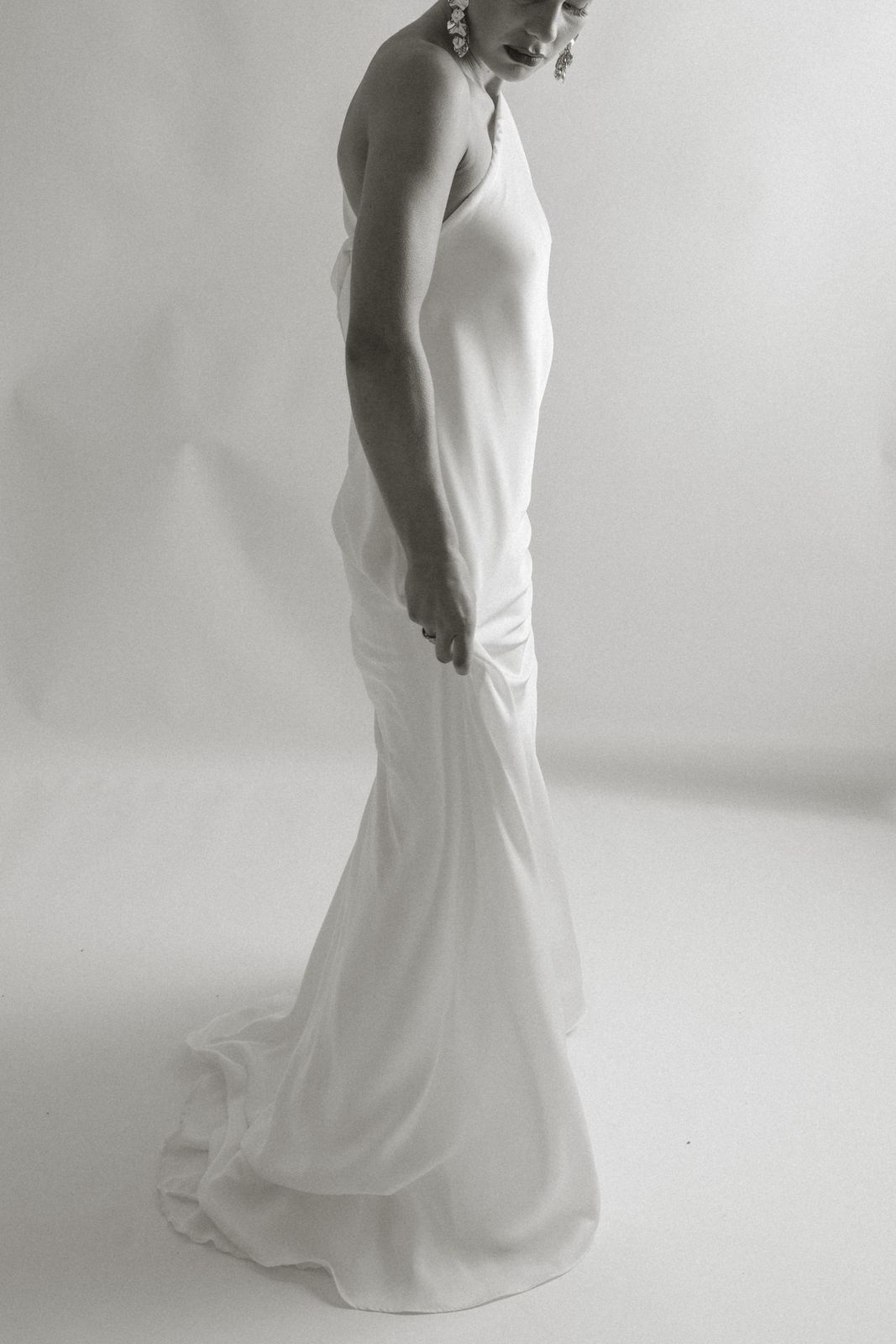 Modern one-shoulder bridal silhouette, Christchurch studio editorial