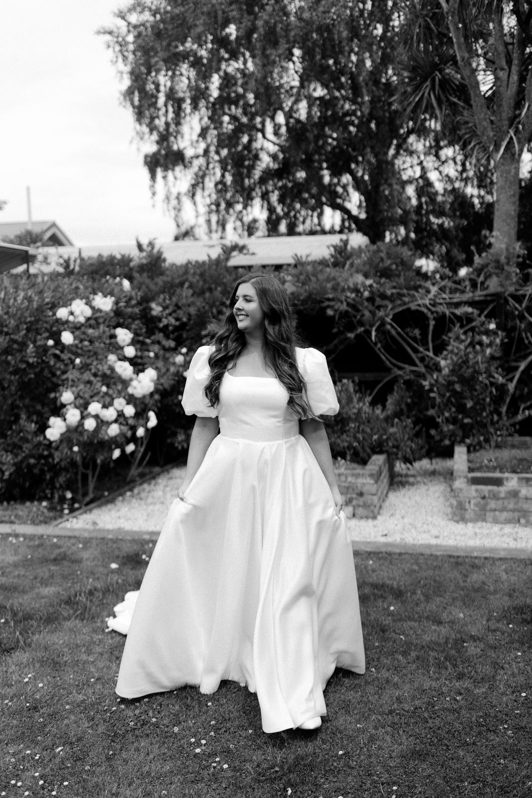 Milly wearing her bespoke wedding dress designed by Sarah Stoute, Christchurch — photo 3