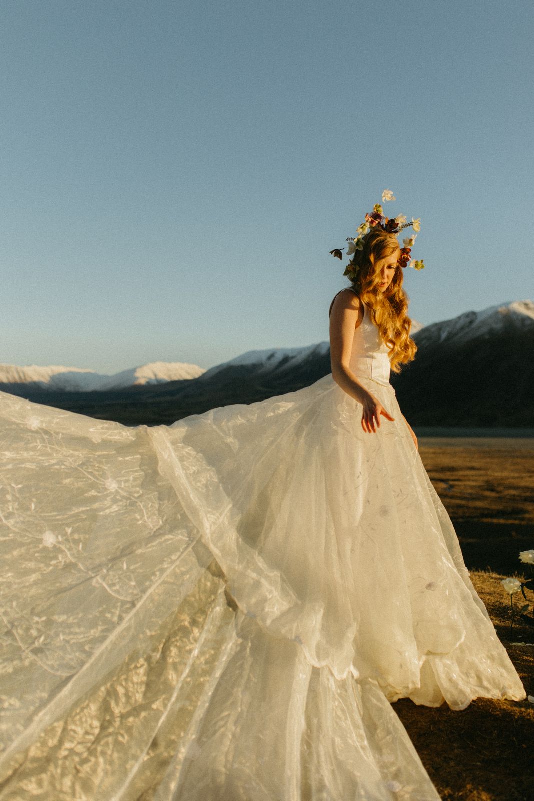 Winter bridal editorial at Mt Sunday, Canterbury — bespoke gown by Sarah Stoute — photo 2