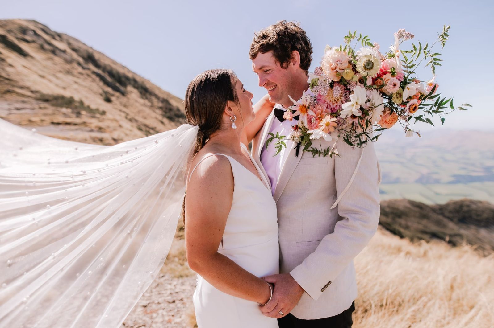 Bride in a bespoke Sarah Stoute gown in the Canterbury high country
