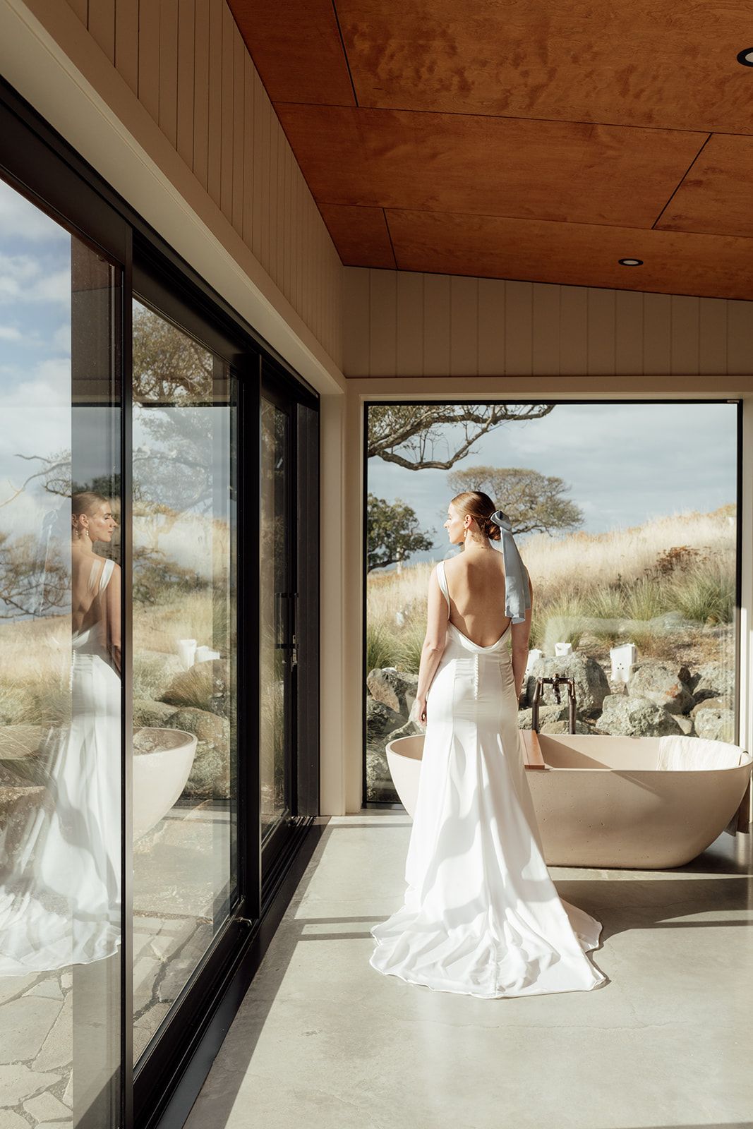 Bespoke gown among the trees at Ridgecliffe, Banks Peninsula