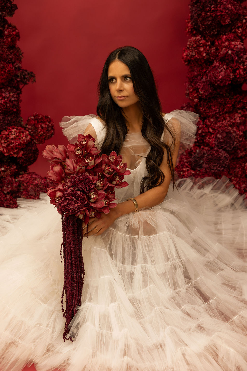 Layered sheer white tulle wedding dress where the underpinnings become part of the look, FOUNDATION by Sarah Stoute